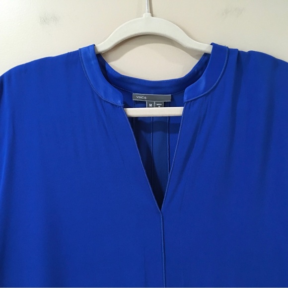 VINCE Cobalt Blue Silk Split Neck Tunic Dress Crepe Oversized Size Medium Womens - Picture 6 of 6